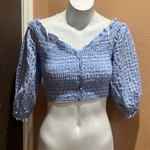 Zara light blue checkered off the shoulder, cropped top